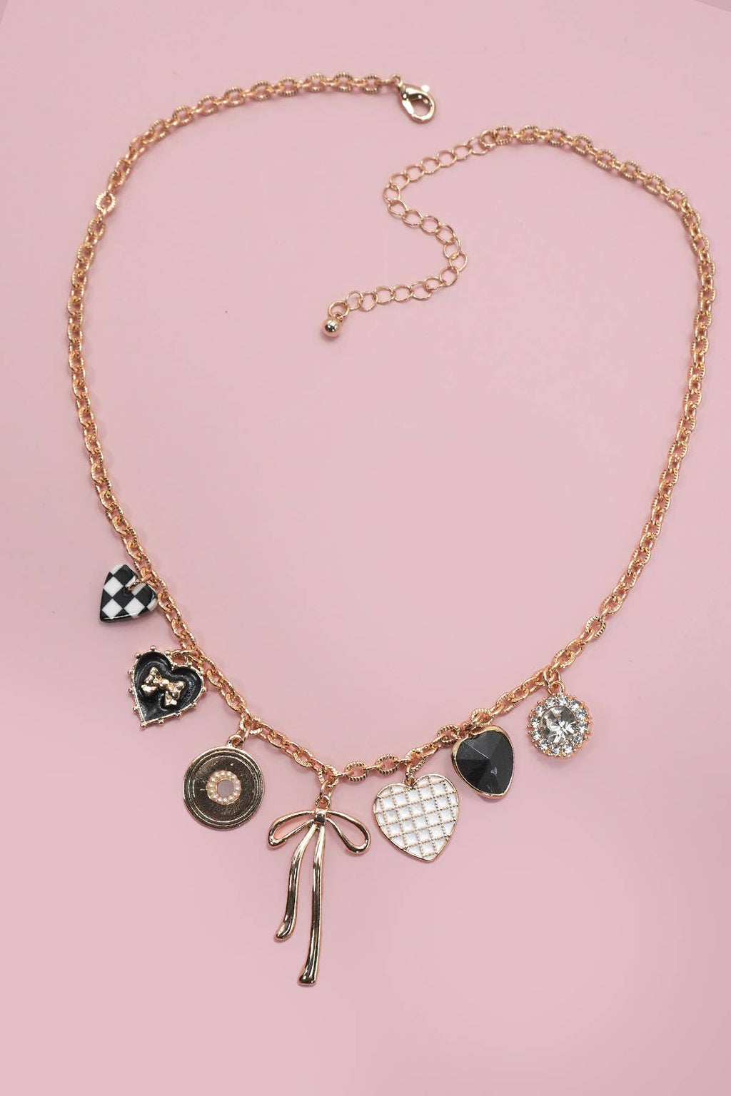BOW CHECKER HEART & RHINESTONE CHARM NECKLACE