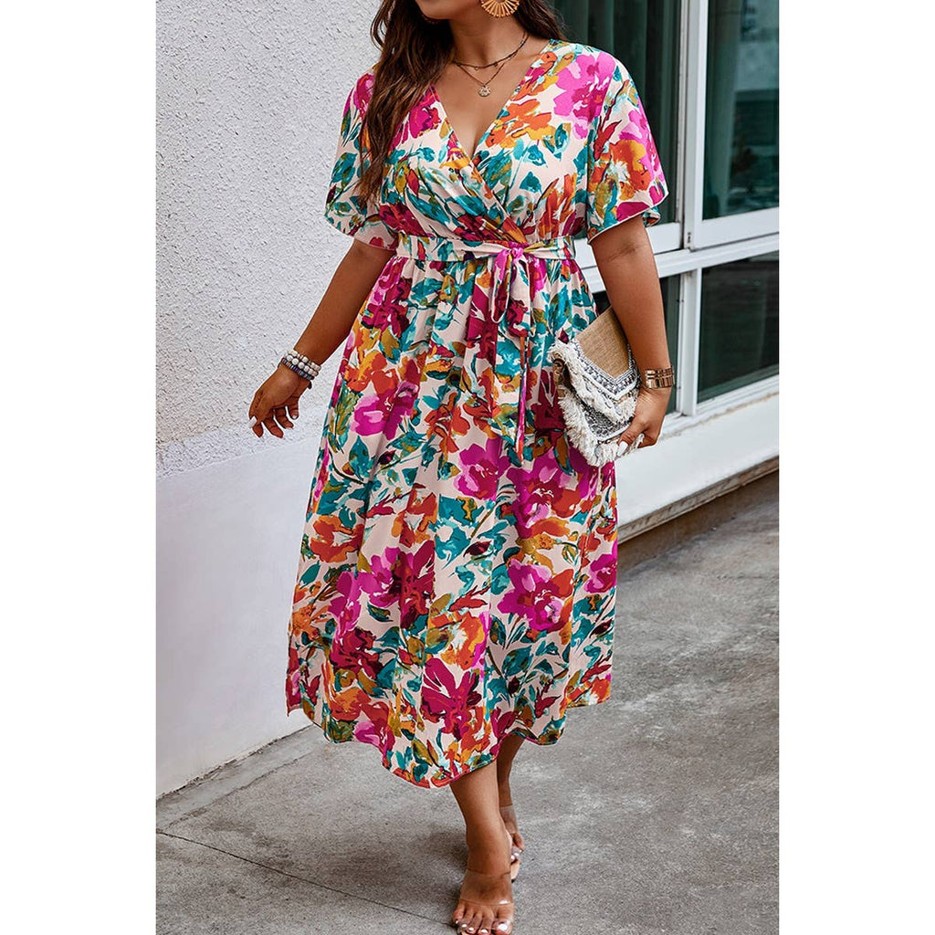 Floral Print Wrap Dress: MULTI