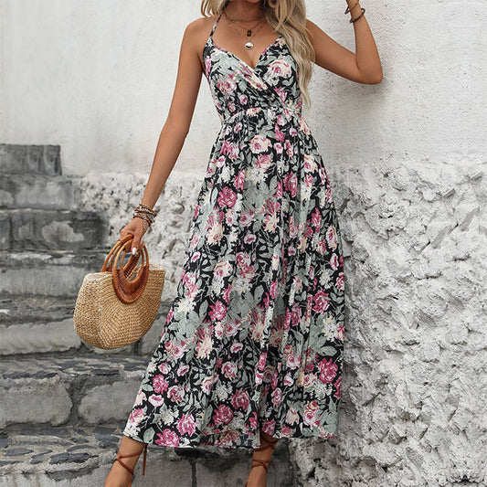 Backless print high waist halter dress