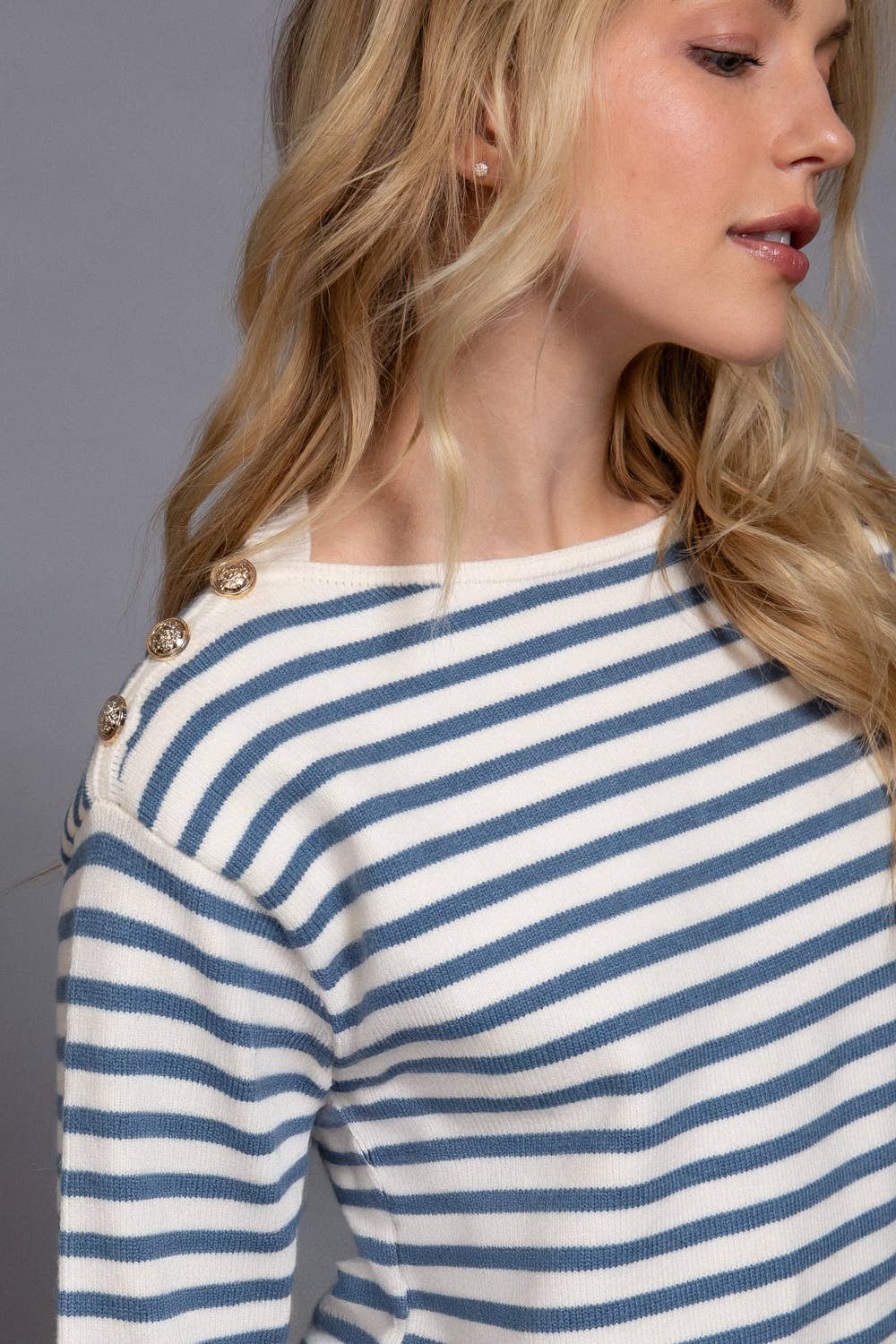 Buttoned Shoulder Stripe Sweater