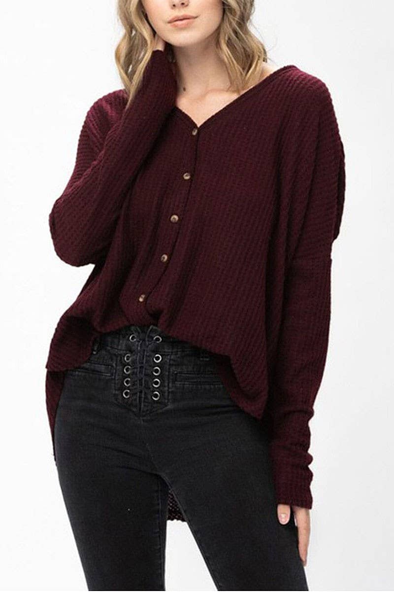V-NECK BUTTON UP HIGH-LOW TUNIC WAFFLE BLOUSE: Burgundy