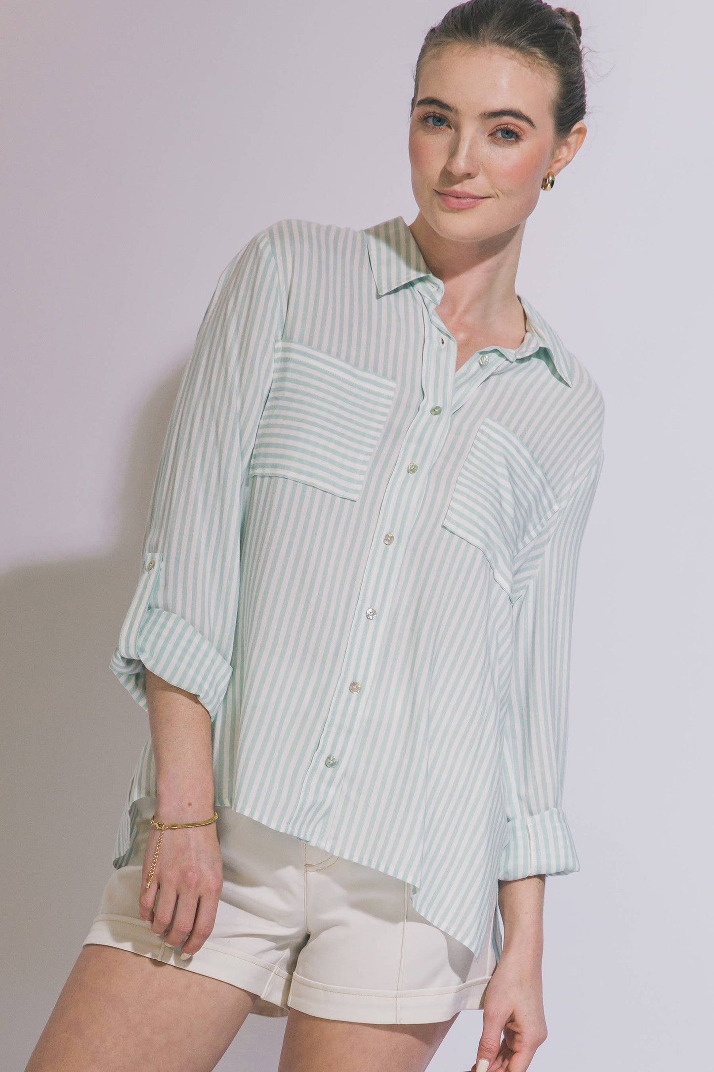 Striped Button Down -MINT JELLY