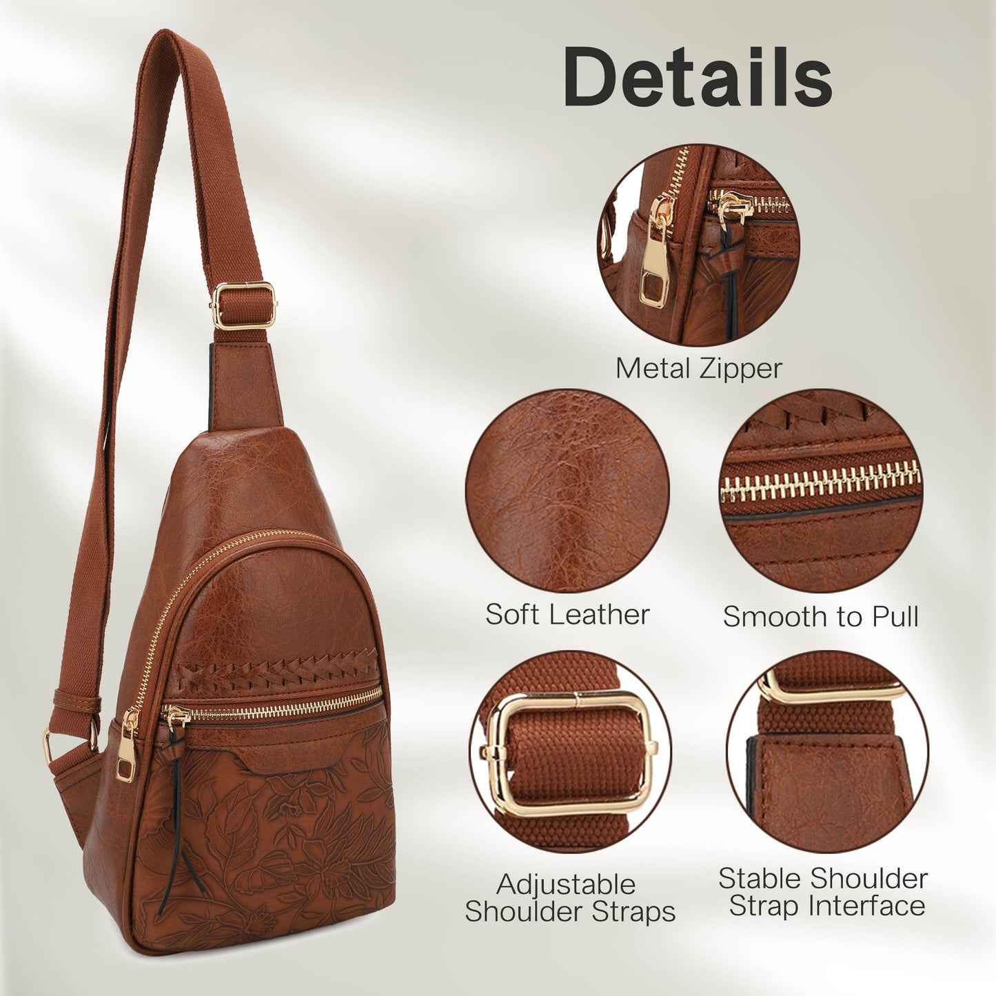 Jane Hibiscus Sling Bag, Vintage Tooled Vegan Leather Bag: Brown