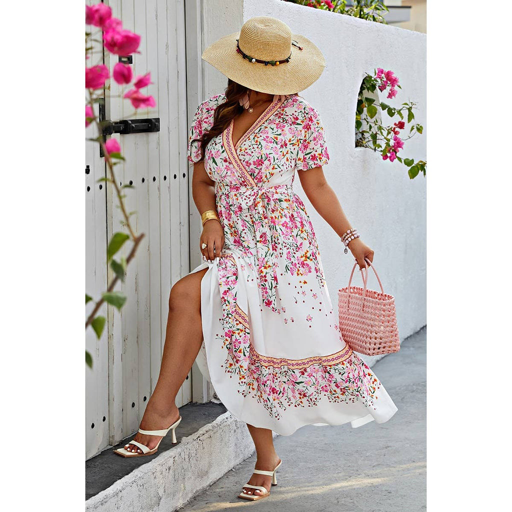 Floral Print Wrap Ruffle Belt Knot Dress: WHITE