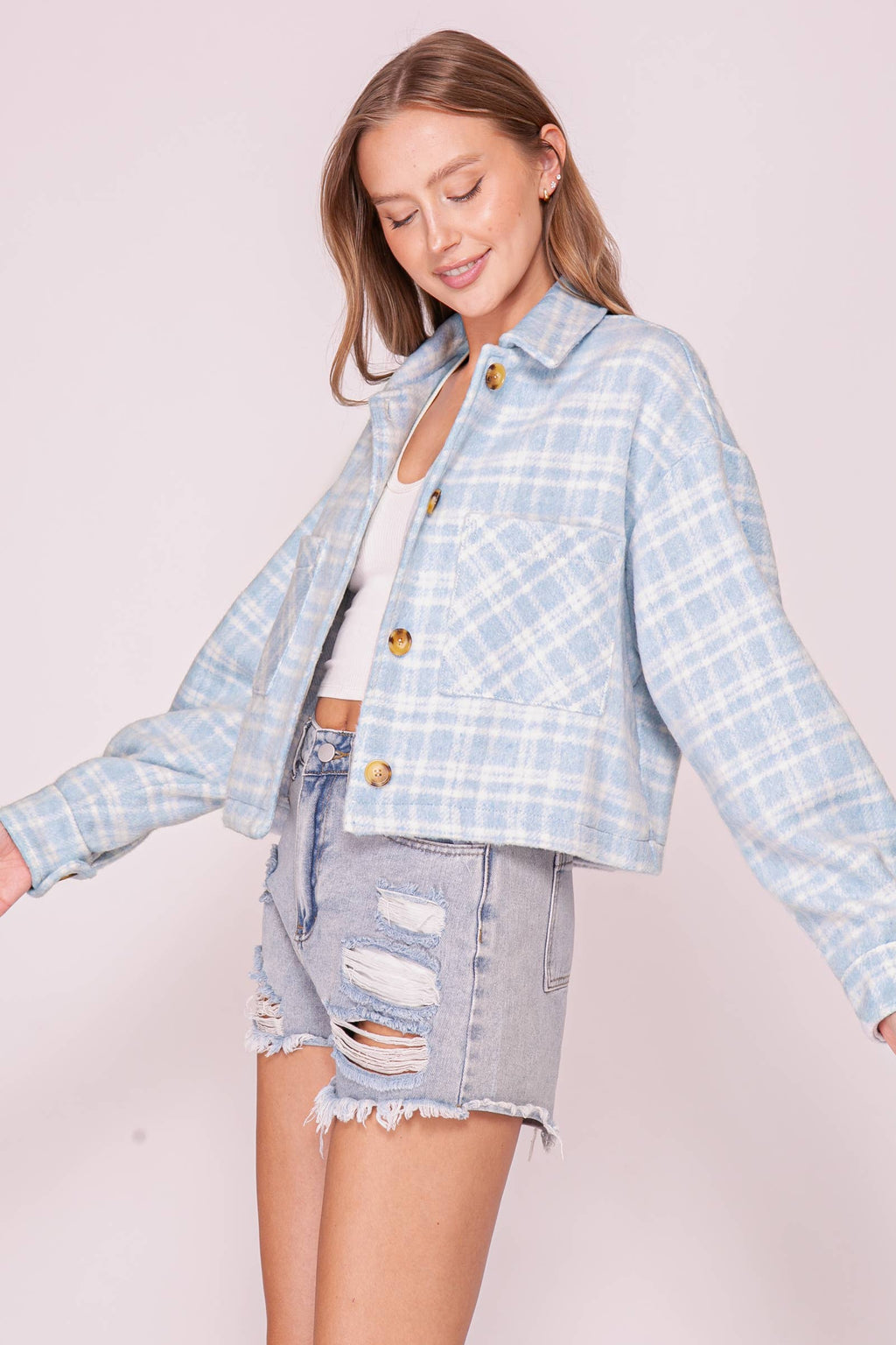 Plaid Button Front Shacket: Lt blue