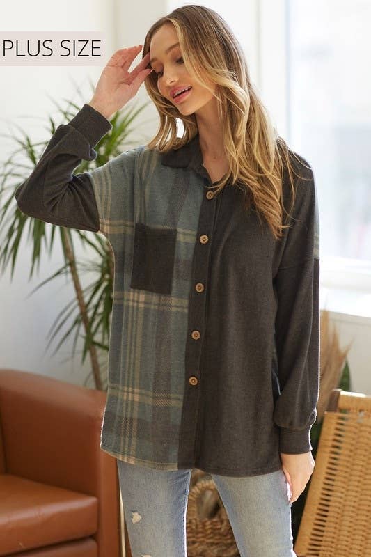 Plaid Colorblock Shacket: TEAL