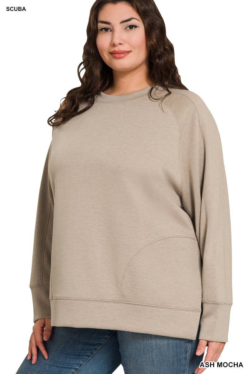 Round Neck Pullover With Side Slits: ASH MOCHA