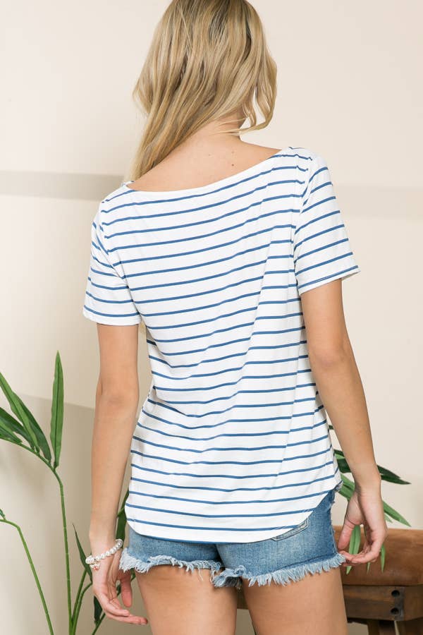 STRIPE BOAT NECK SHORT SLEEVE TOP: BLUE