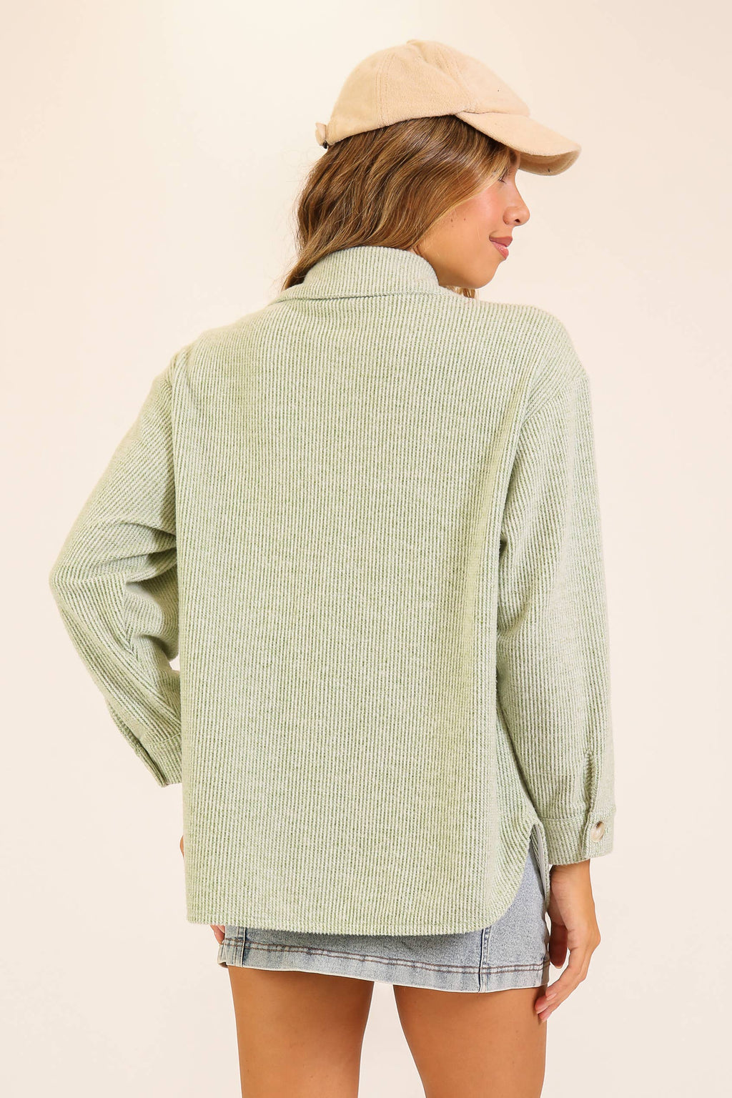 Brushed Waffle Button-Up Shacket: SAGE