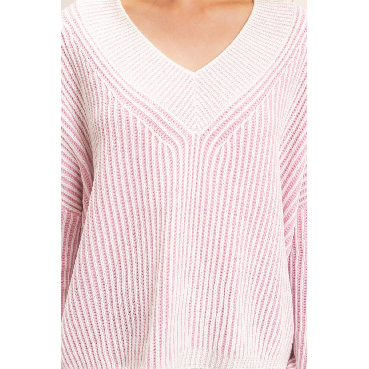 Striped V-Neck Ribbed Sweater: PINK