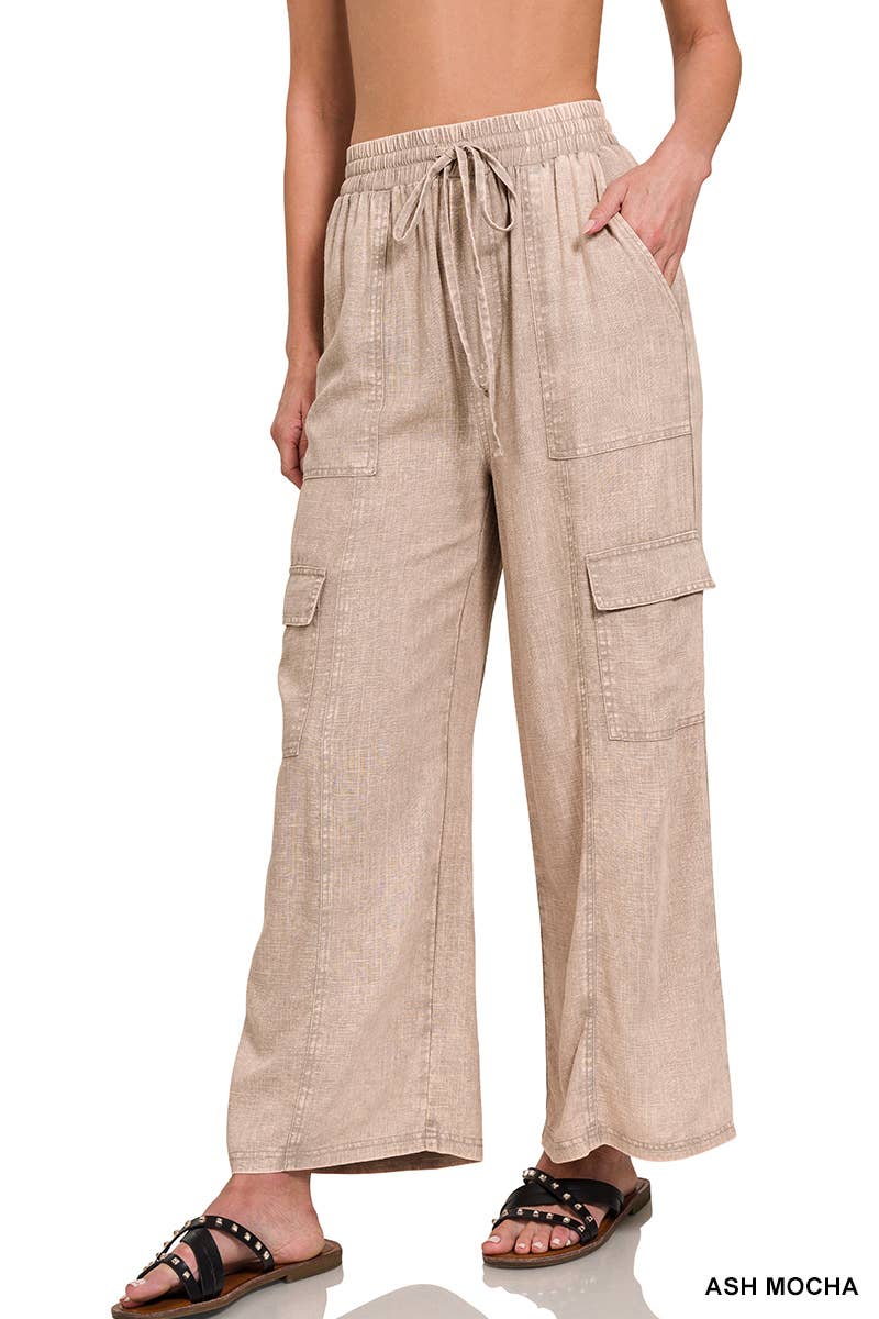 Acid Wash Drawstring Elastic Band Waist Pants: ASH MOCHA