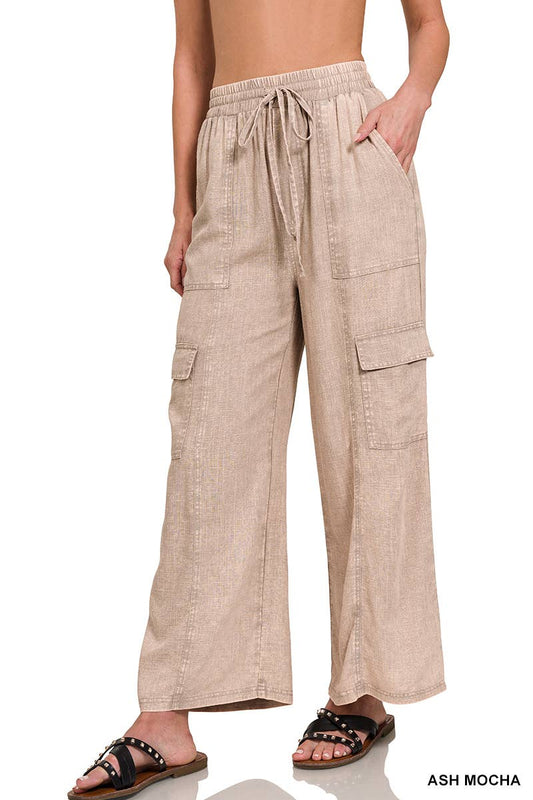 Acid Wash Drawstring Elastic Band Waist Pants: ASH MOCHA