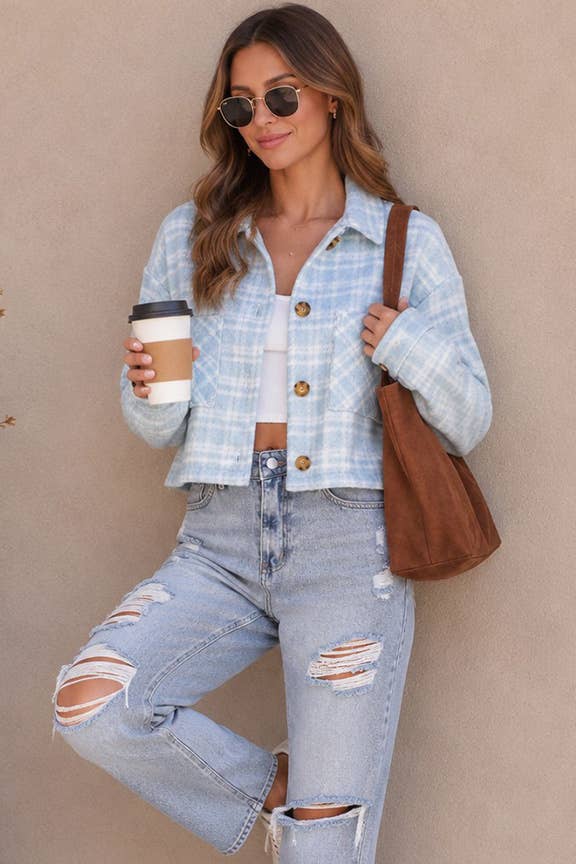 Plaid Button Front Shacket: Lt blue
