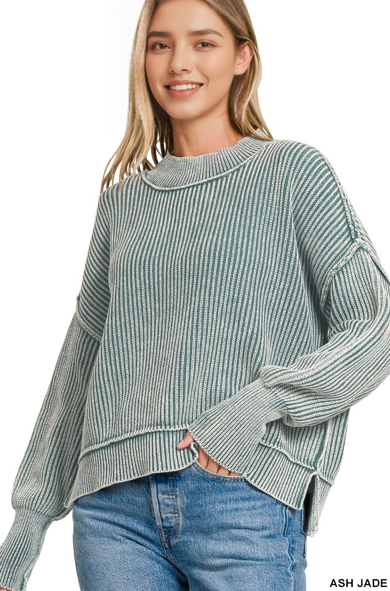 Mineral Washed Side Slit Oversized Cropped Sweater: ASH JADE