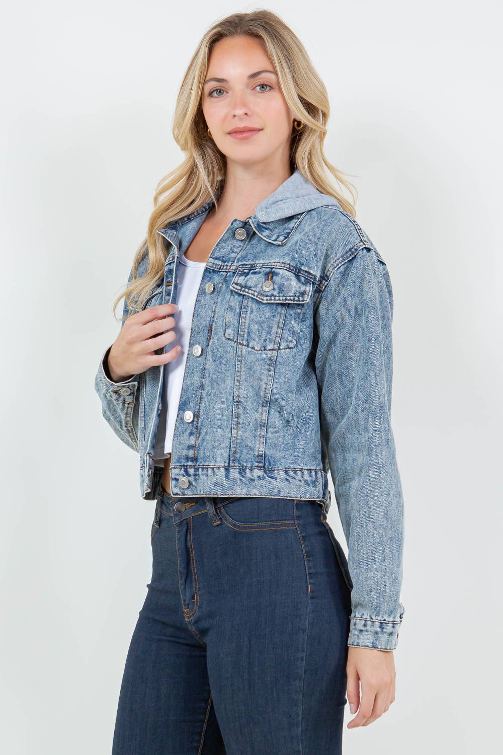 Classic Denim Jacket with Removable Knit Hood