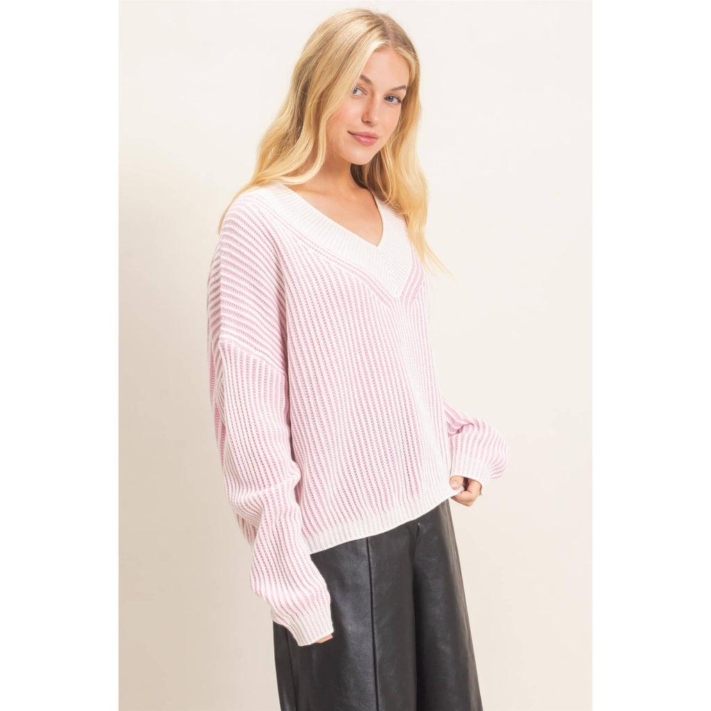 Striped V-Neck Ribbed Sweater: PINK