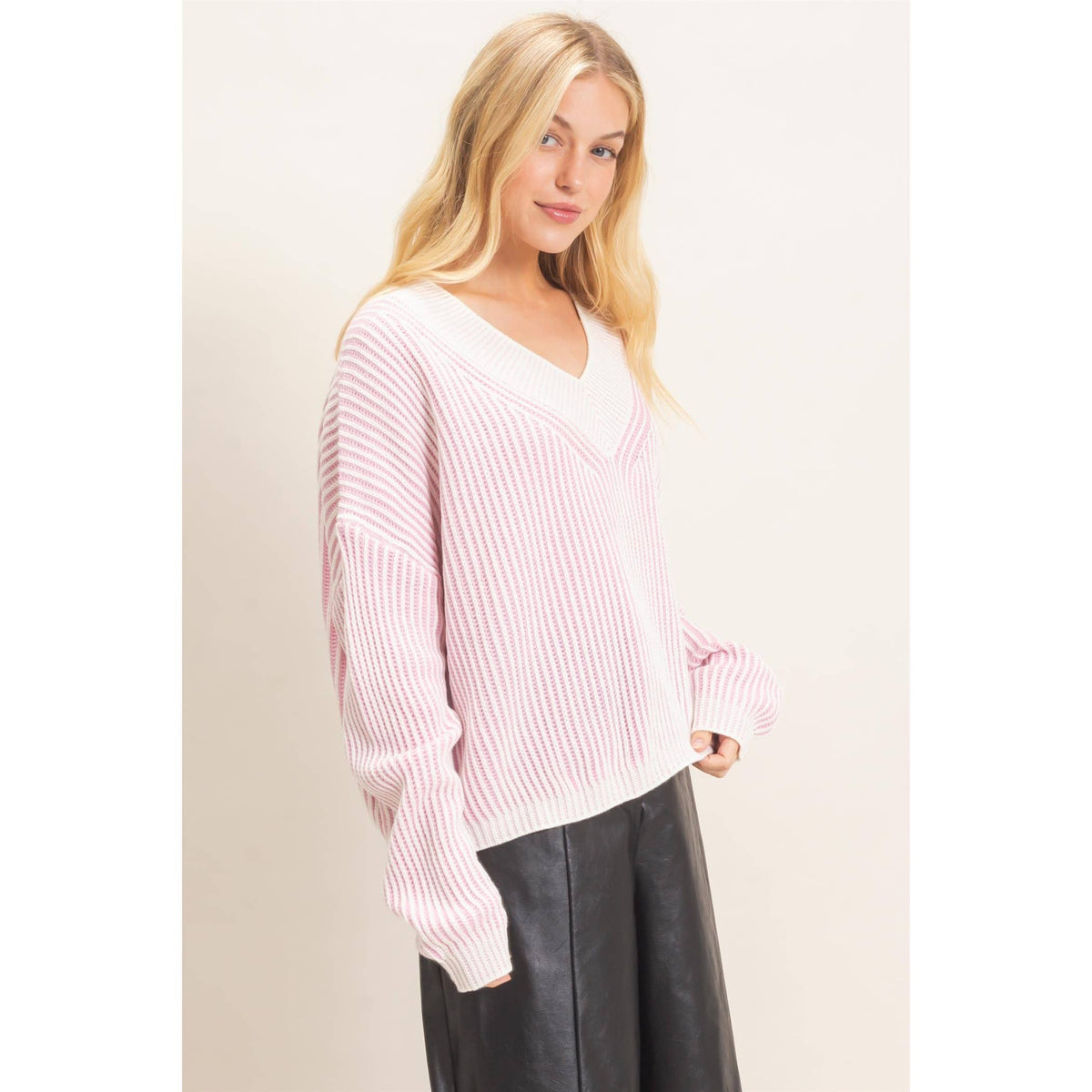 Striped V-Neck Ribbed Sweater: PINK