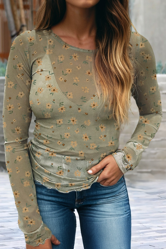 Vintage Floral Print Mesh Long Sleeve Top