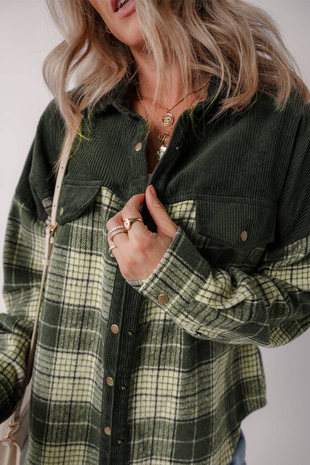 Blackish Green Snap Buttons Colorblock Plaid Shacket: Blackish Green / 100%Polyester / S