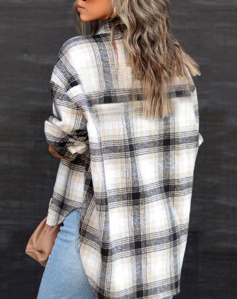 Classic plaid tartan button through basic shacket: Black / L