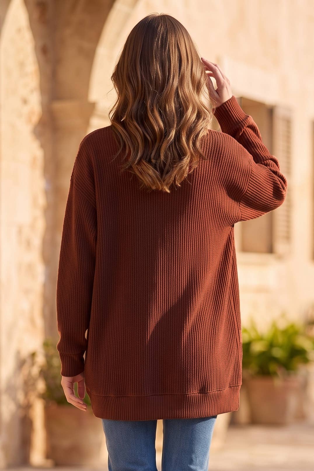 Curly Rib Relaxed Front Pocket Cardigan: RUST