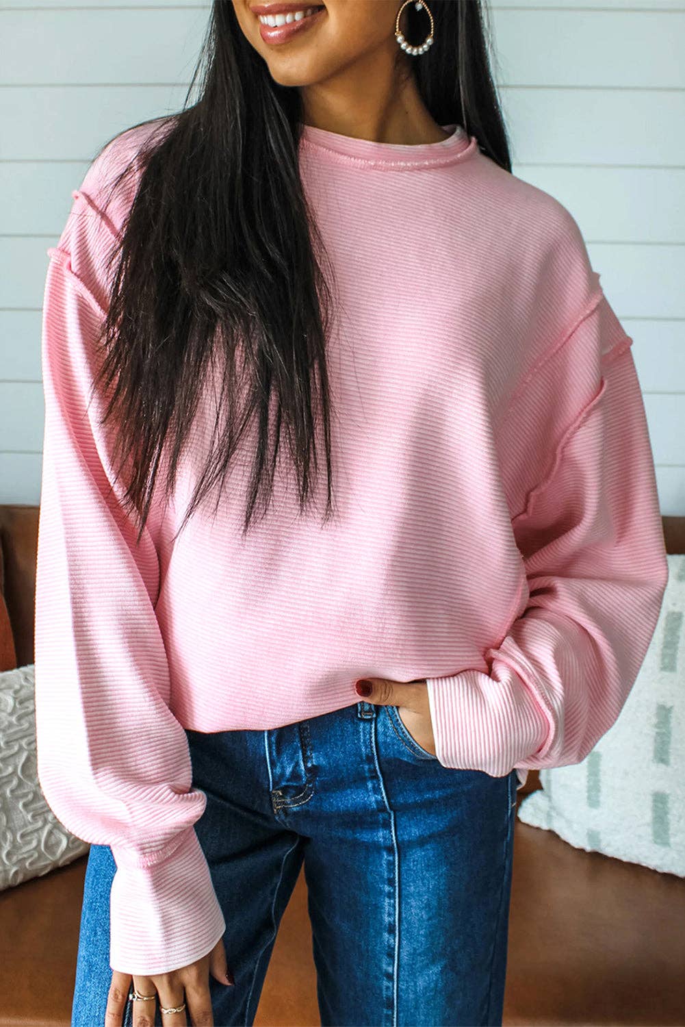 Pink Ribbed Exposed Seam Top