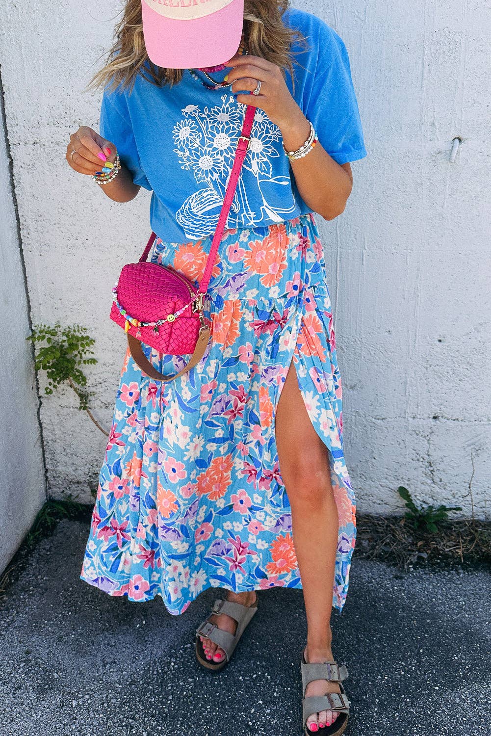 Floral High Waist Wrap Maxi Skirt: Sky Blue