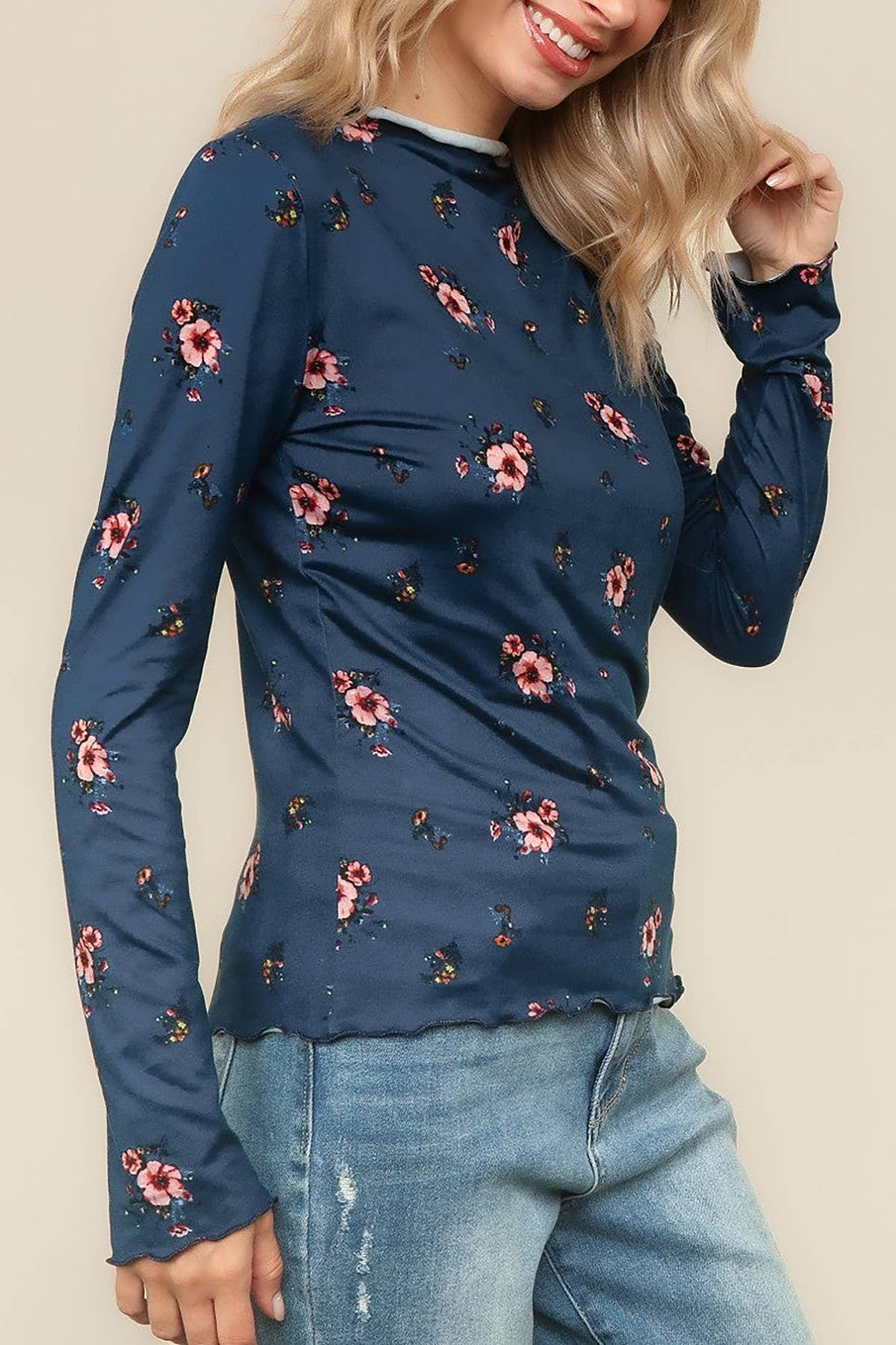 FLORAL PRINT LONG SLEEVE KNIT BLOUSE TOP
