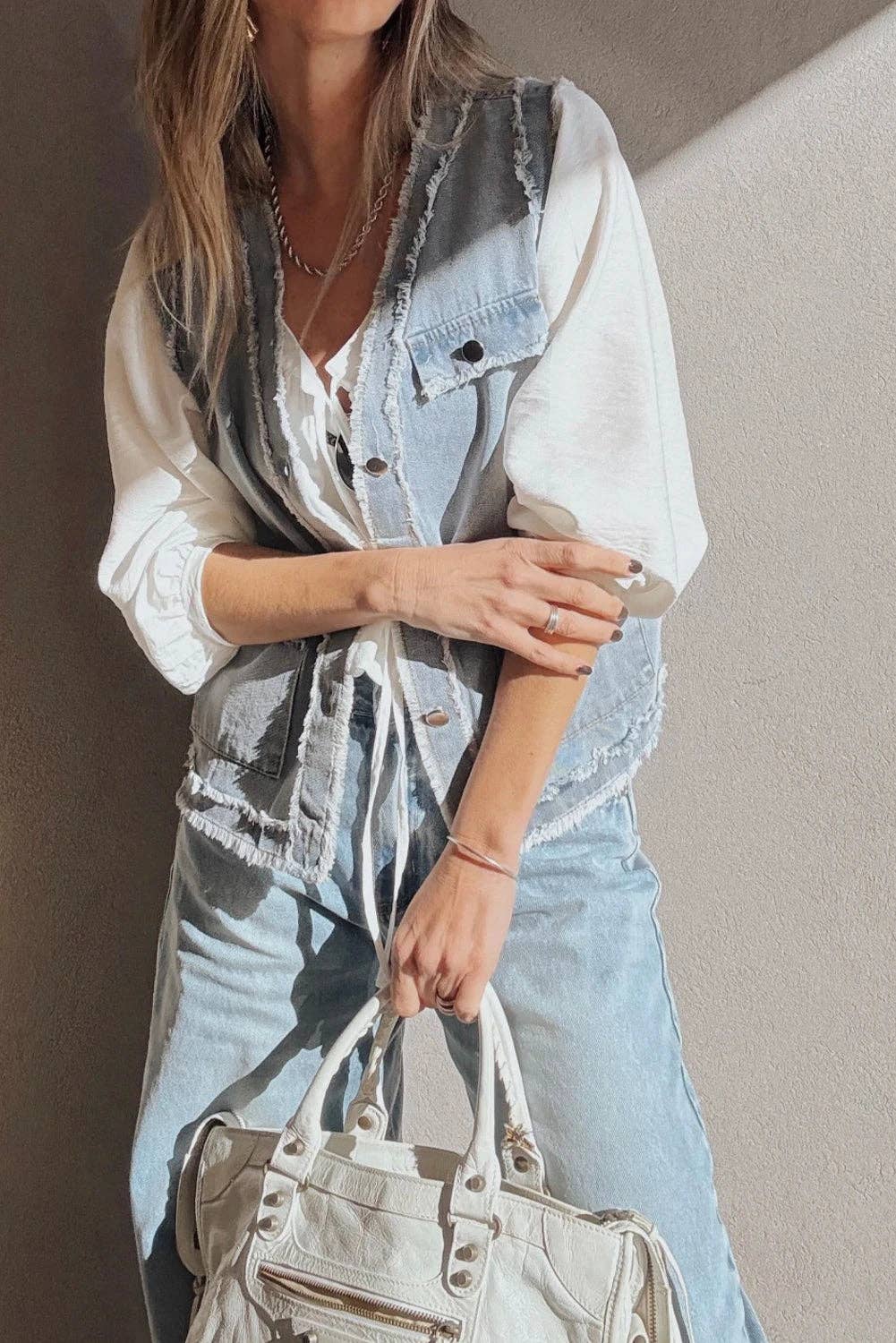 Beau Blue Frayed Edge Denim Vest Jacket