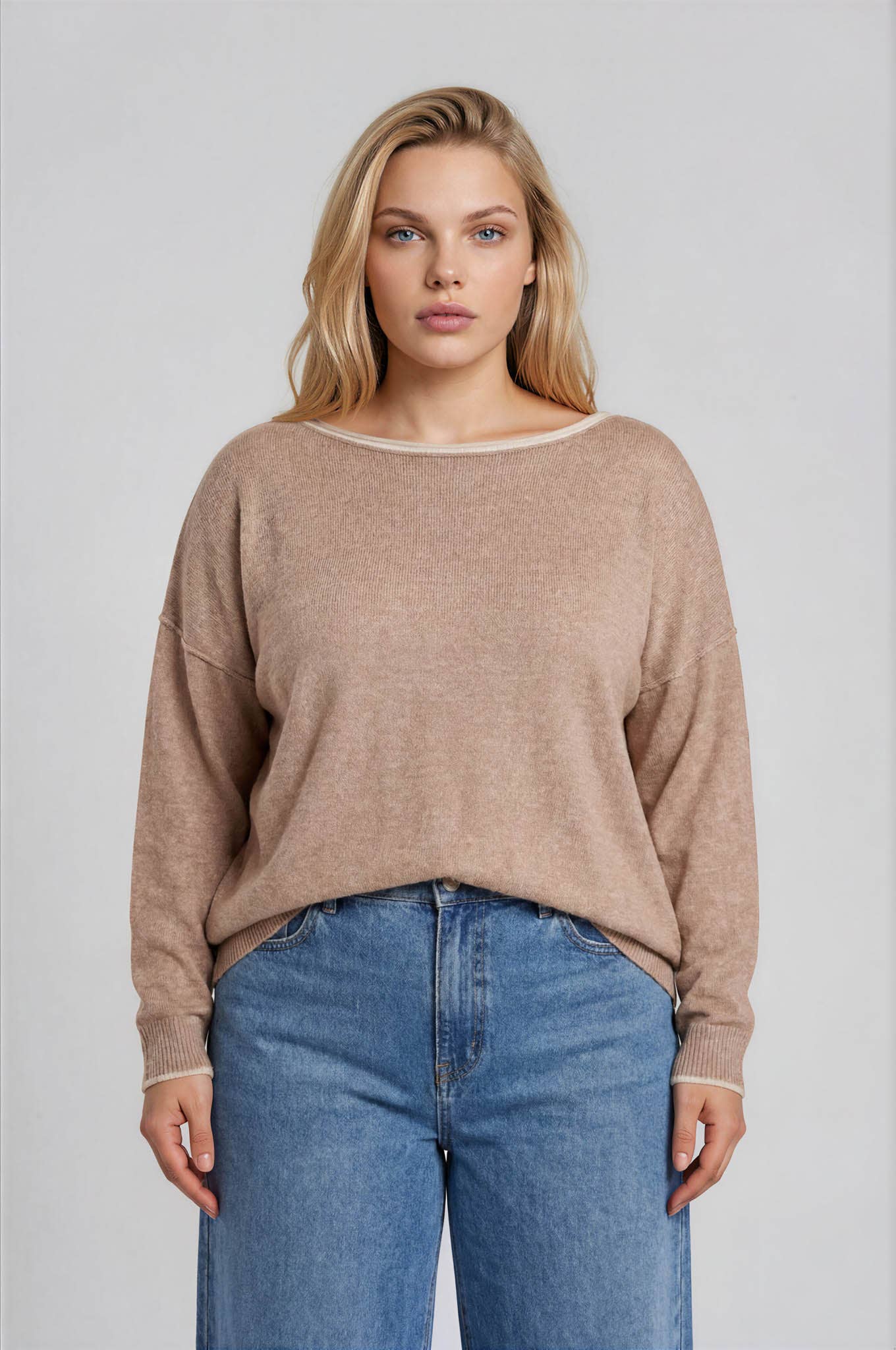 CONTRAST TRIM SWEATER : MOCHA