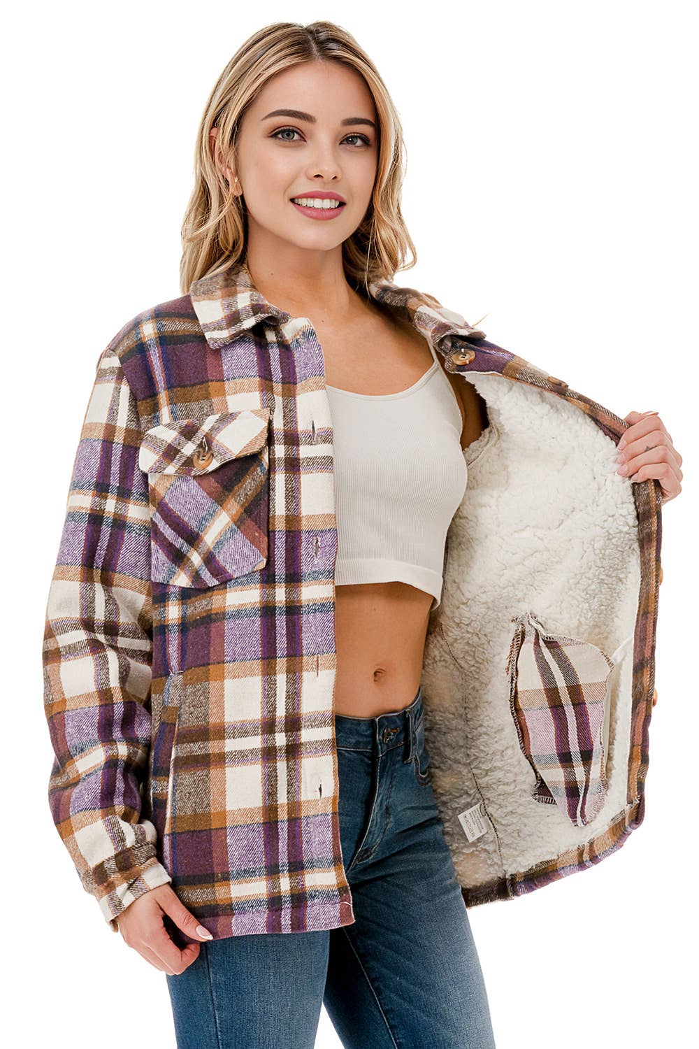 Fur lined plaid flannel shirt shacket with pockets