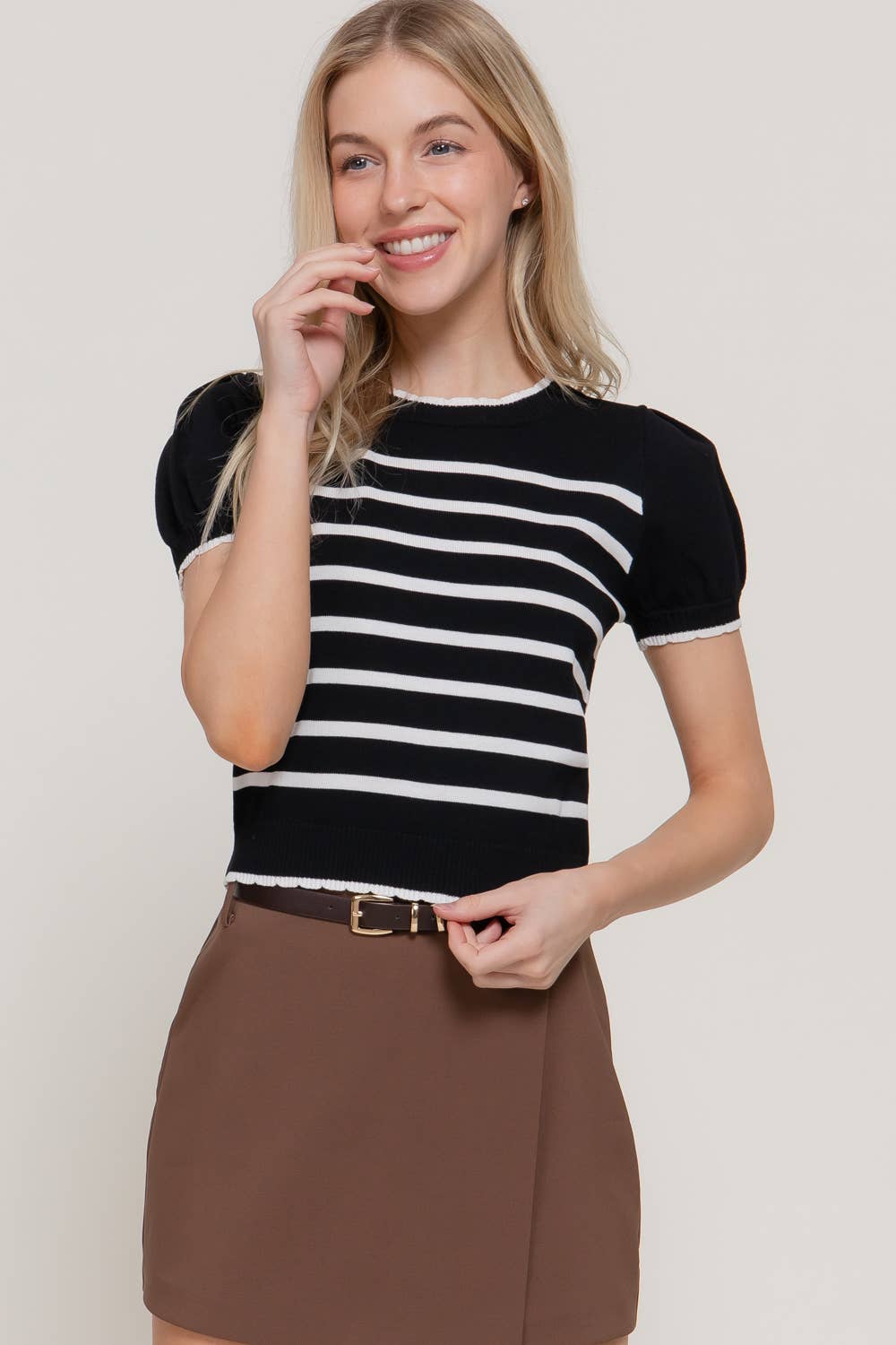 Crew Neck Scallop Front Stripe Sweater