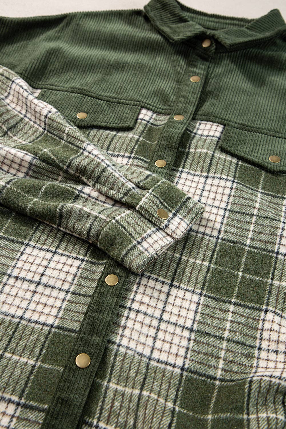 Blackish Green Snap Buttons Colorblock Plaid Shacket: Blackish Green / 100%Polyester / S