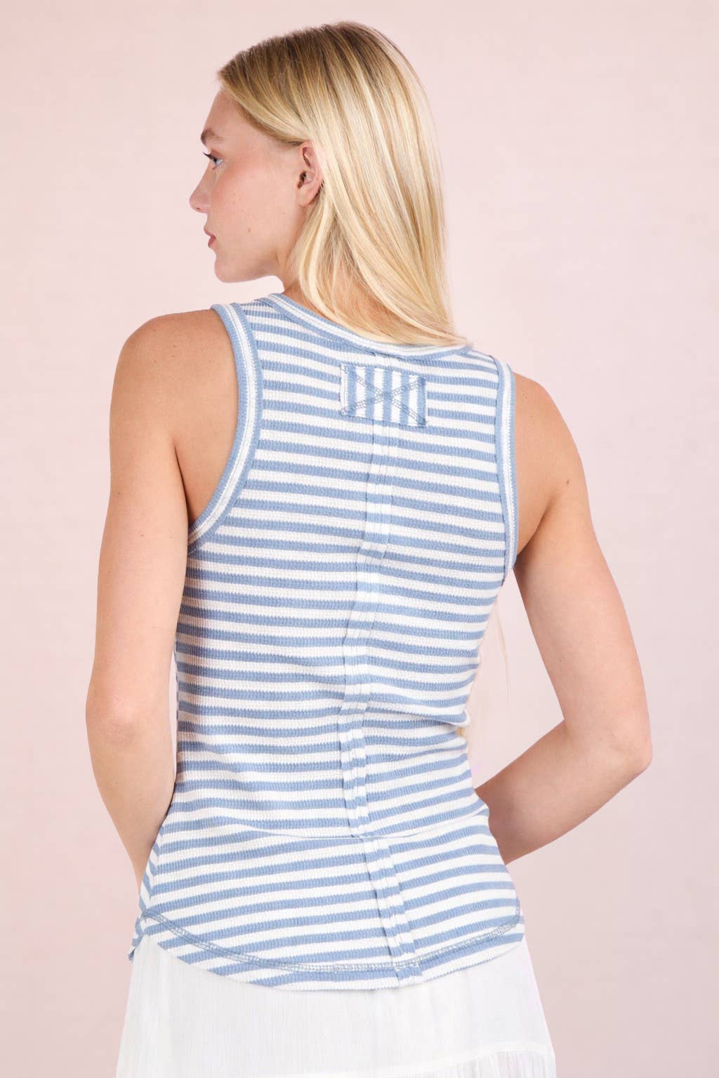 Striped Button Down Knit Tank Top: SKY