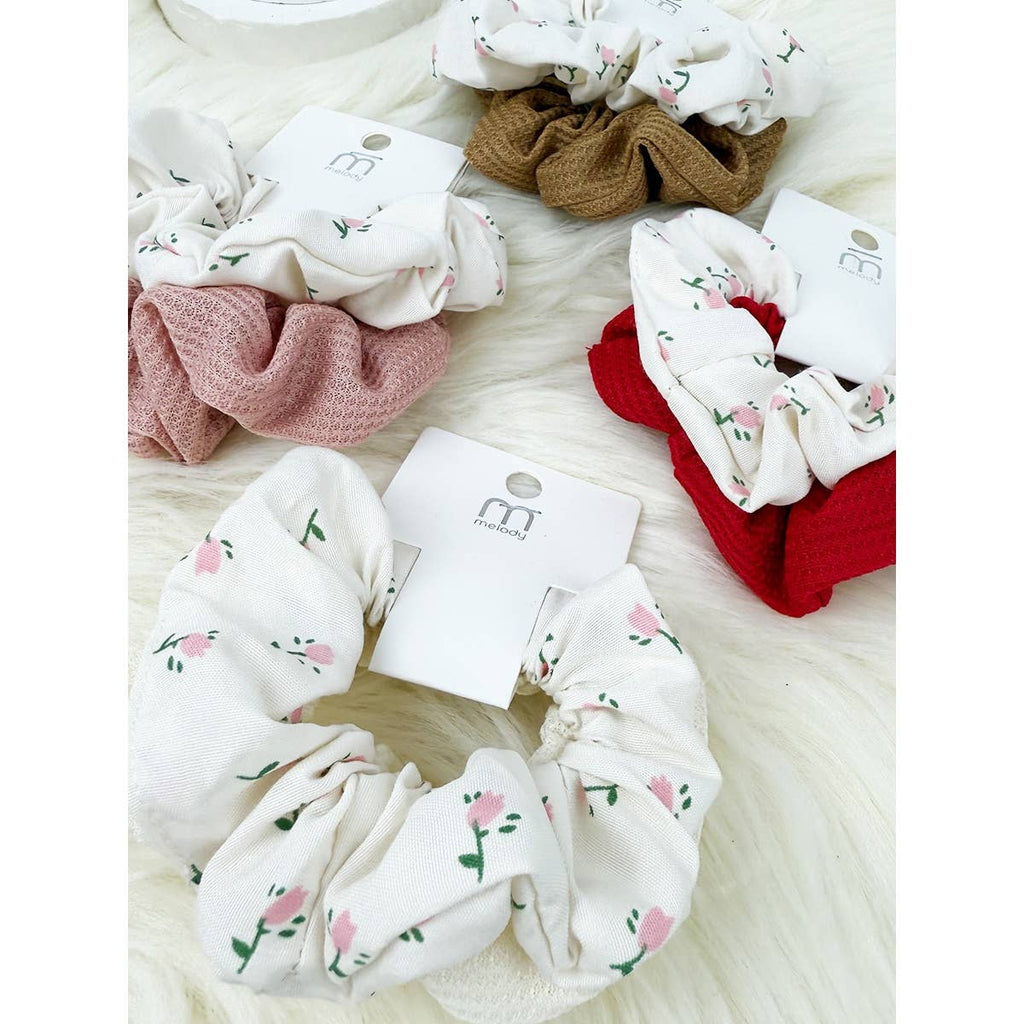Waffle and Floral Pattern Combo Soft Scrunchies