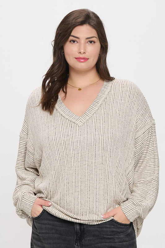 STRIPED DROP SHOULDER V NECK KNIT TOP
