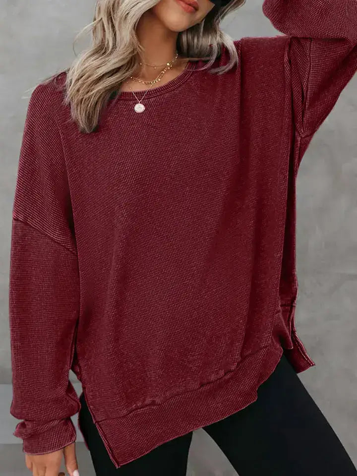 Solid Waffle Kit Crew Neck Top: Burgundy