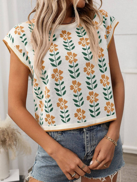 Retro Floral Knit Crop Top Short Sleeve Pullover