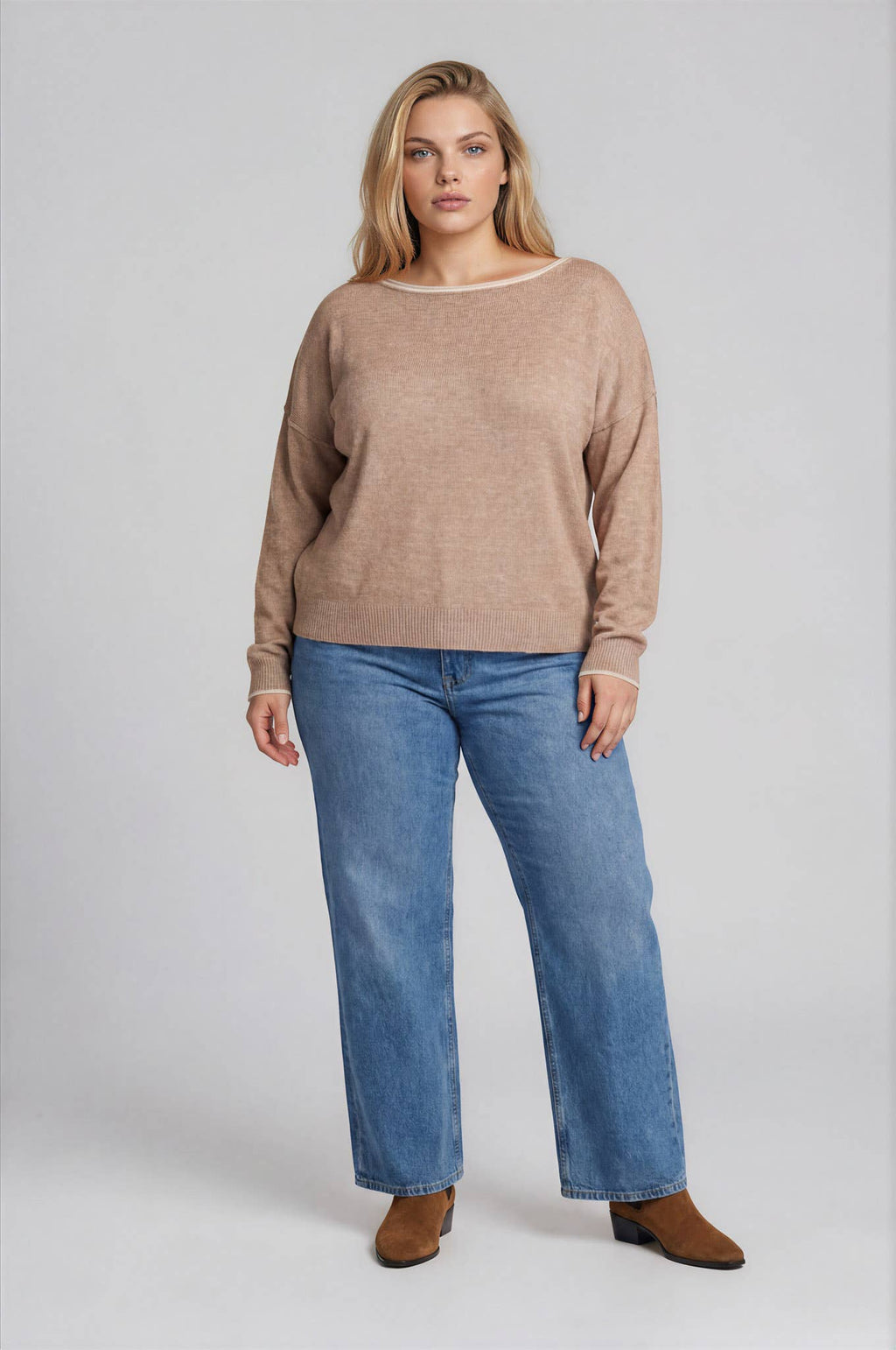 CONTRAST TRIM SWEATER : MOCHA