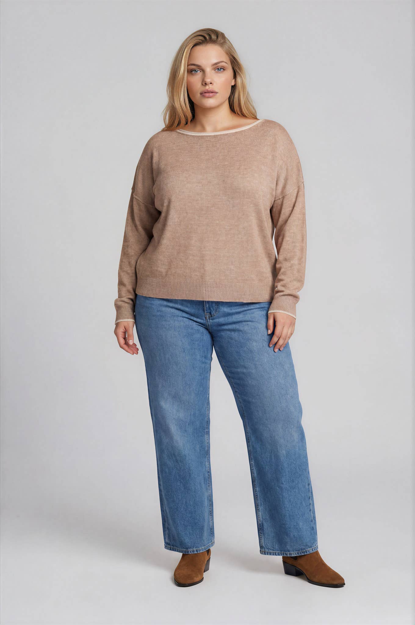 CONTRAST TRIM SWEATER : MOCHA