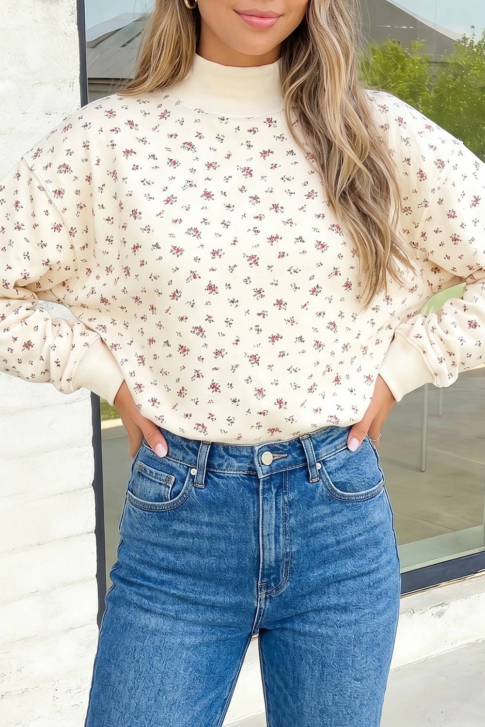 Floral Mockneck Long Sleeve Shift Sweatshirt