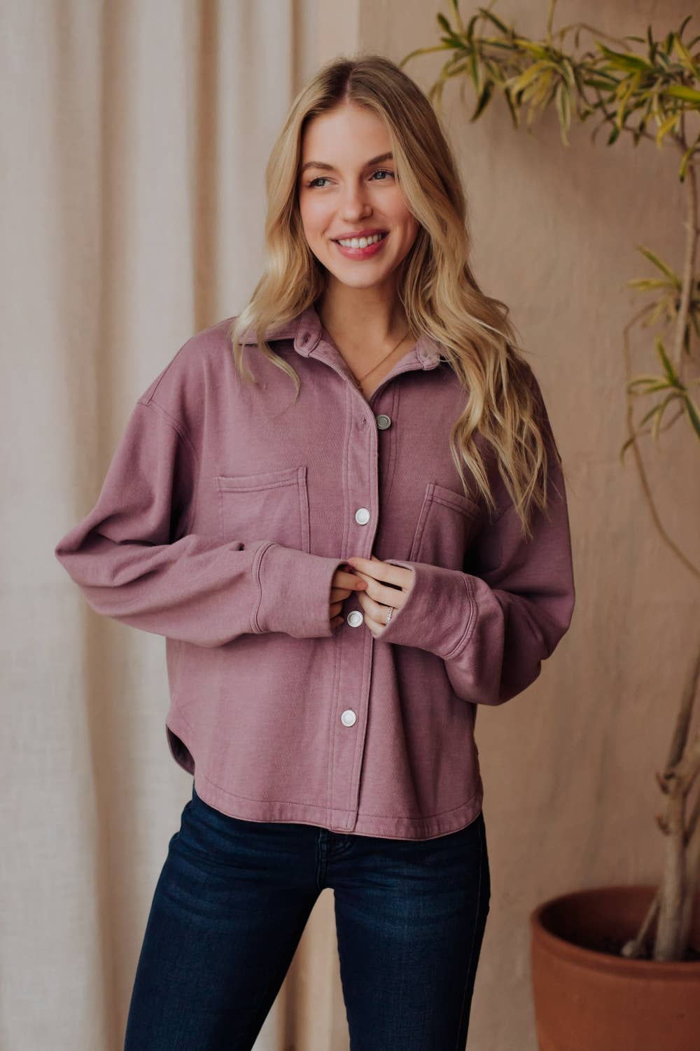 Lavender Cropped Washed Soft Button Up