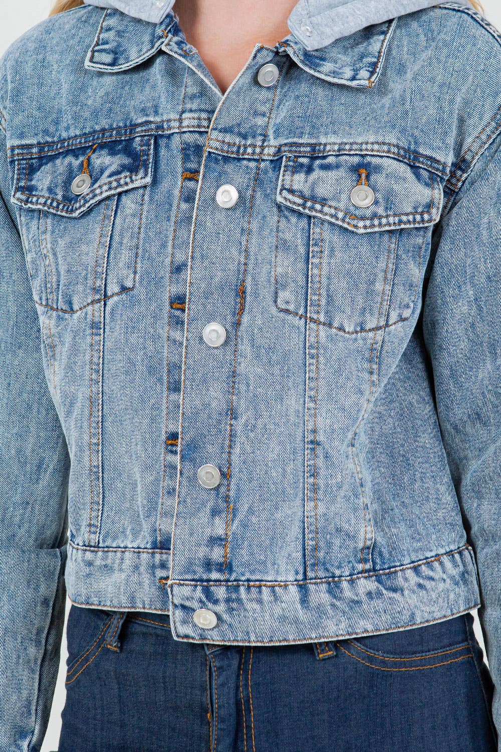 Classic Denim Jacket with Removable Knit Hood