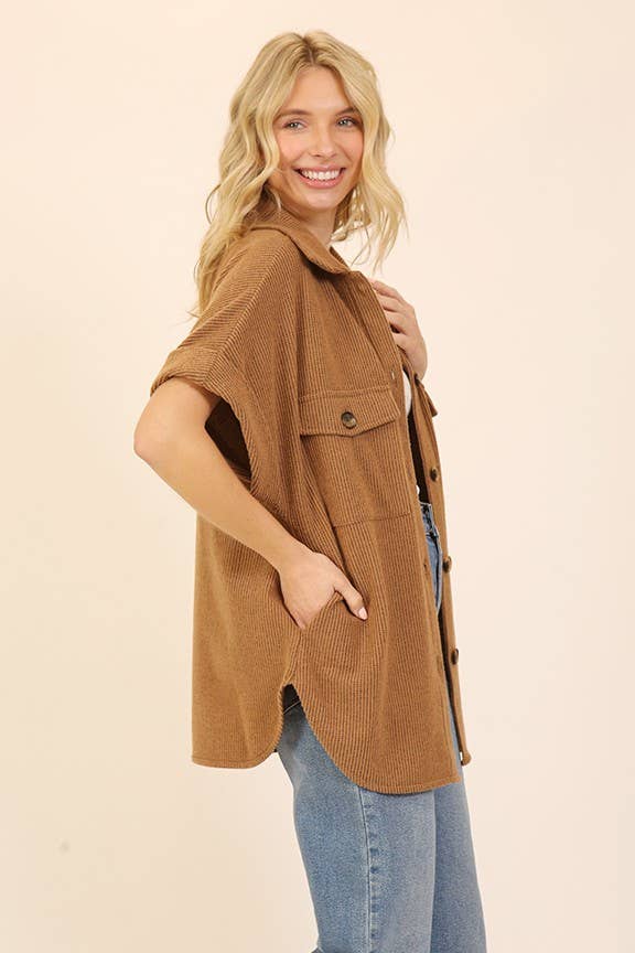 Brushed Waffle Button Down Jacket: Mocha