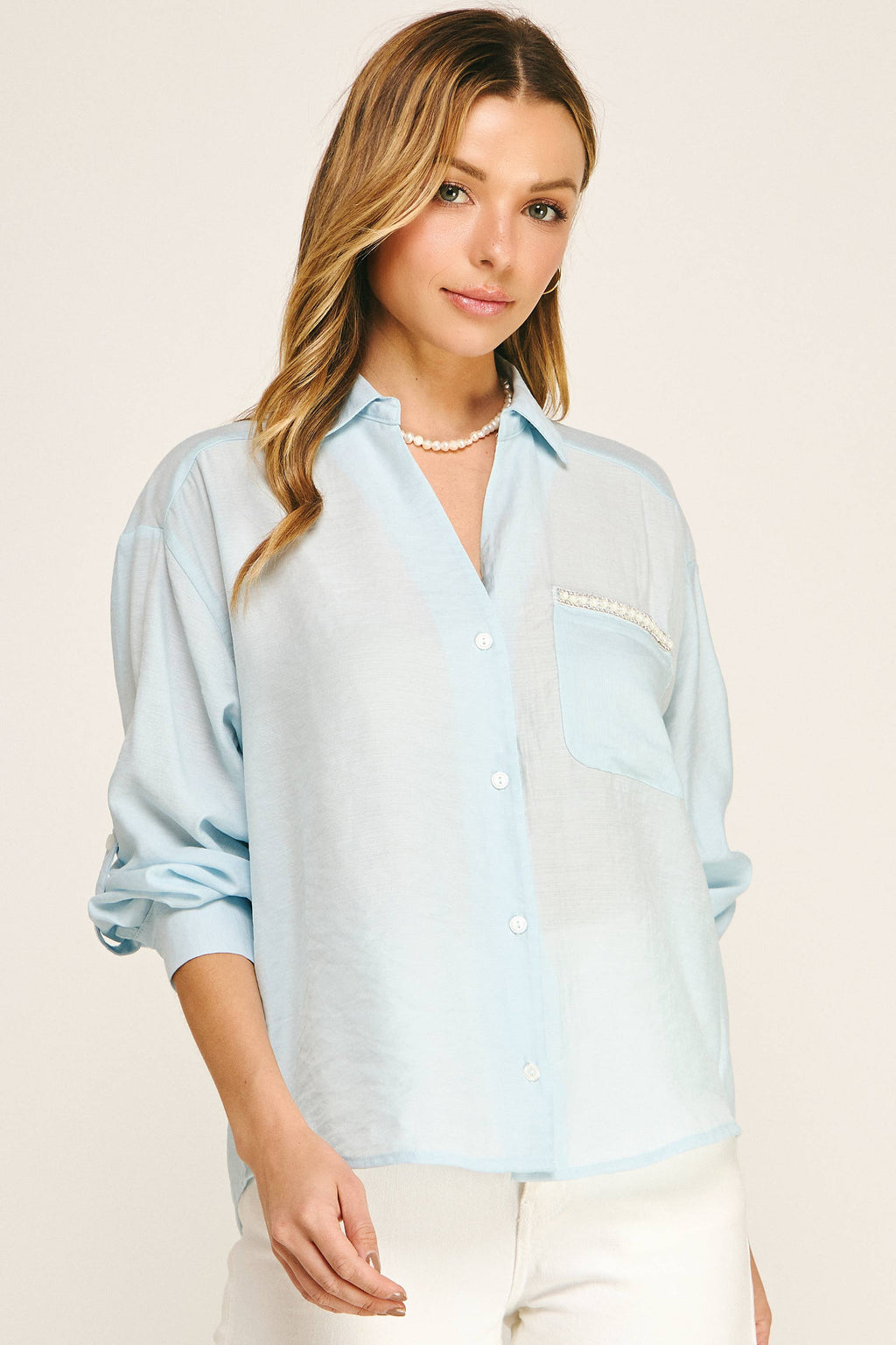 PEARL POCKET RELAXED BUTTON DOWN BLOUSE
