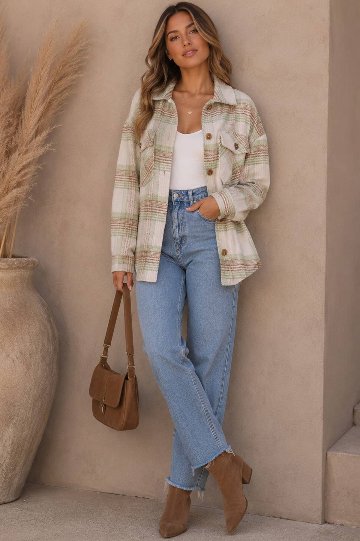 Plaid Shacket: Taupe/Sage