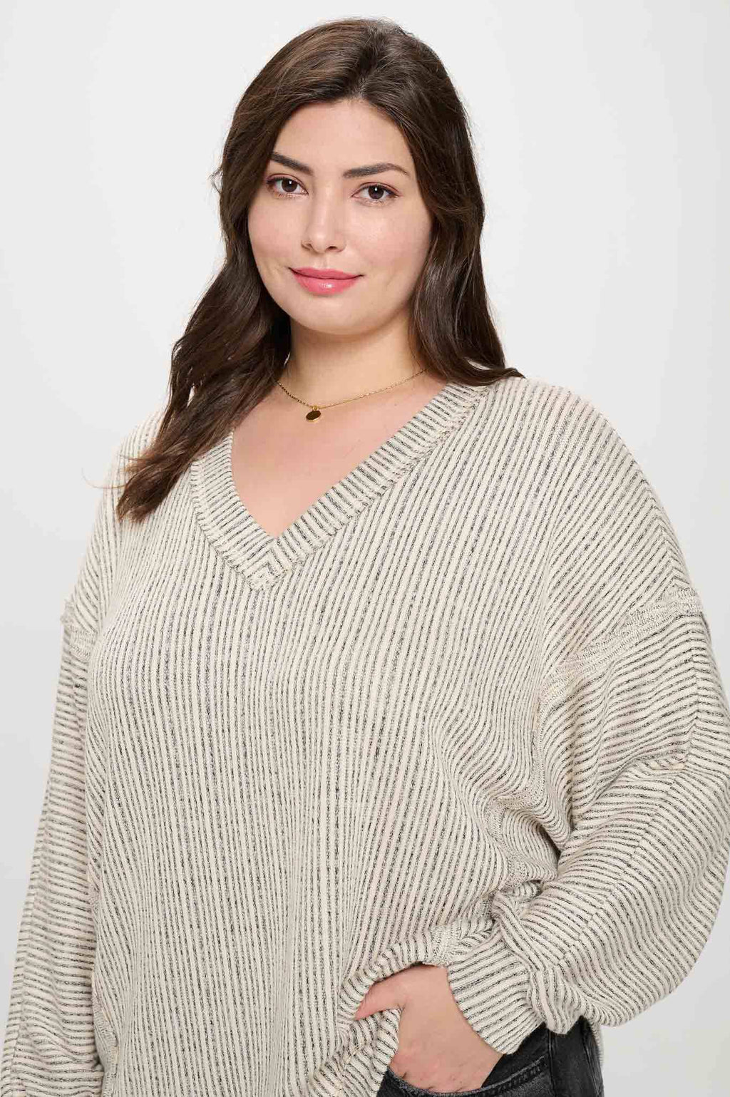 STRIPED DROP SHOULDER V NECK KNIT TOP