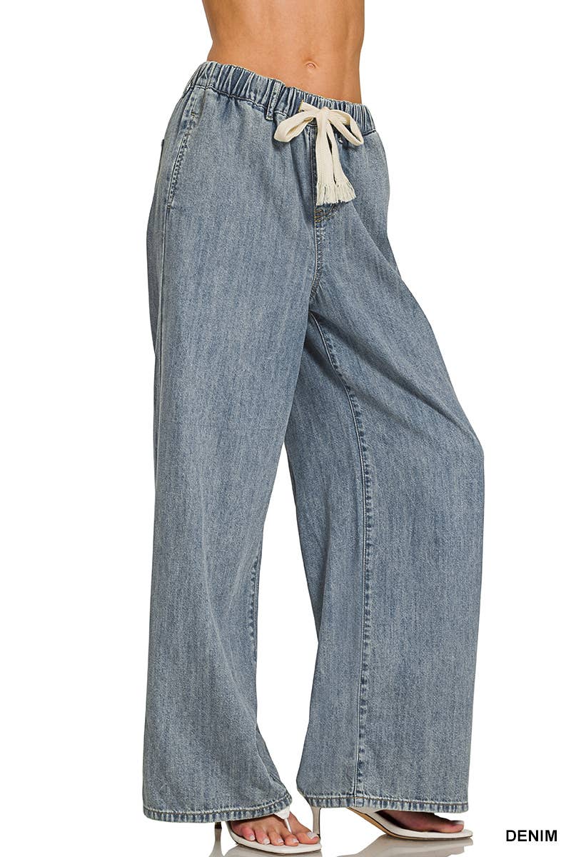 Wide Leg Drawstring Elastic Waistband Denim Pants