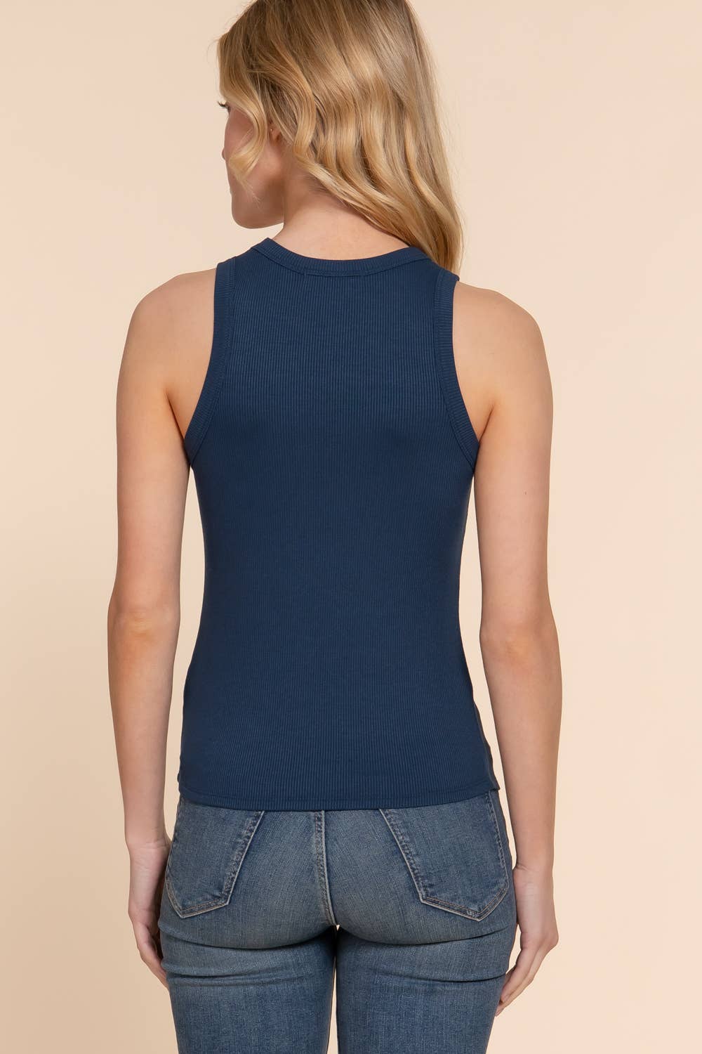 Crew Neck Rib Knit Top : Navy