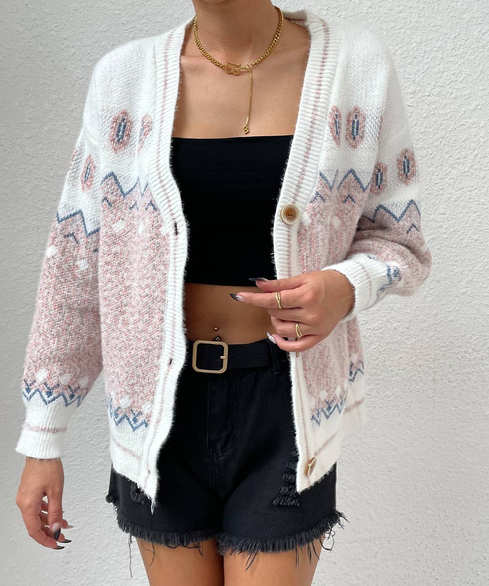 White and Pink Geo Pattern Botton Front Cardigan